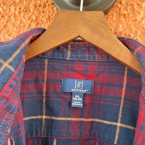 George Button Up Shirt Men's Size XXL Long Sleeve Burgundy Blue Plaid Cotton - Picture 5 of 5
